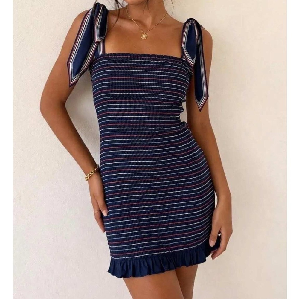 Storia Womens Navy Blue Striped Smocked Bodycon Mini Dress Tie Straps Small